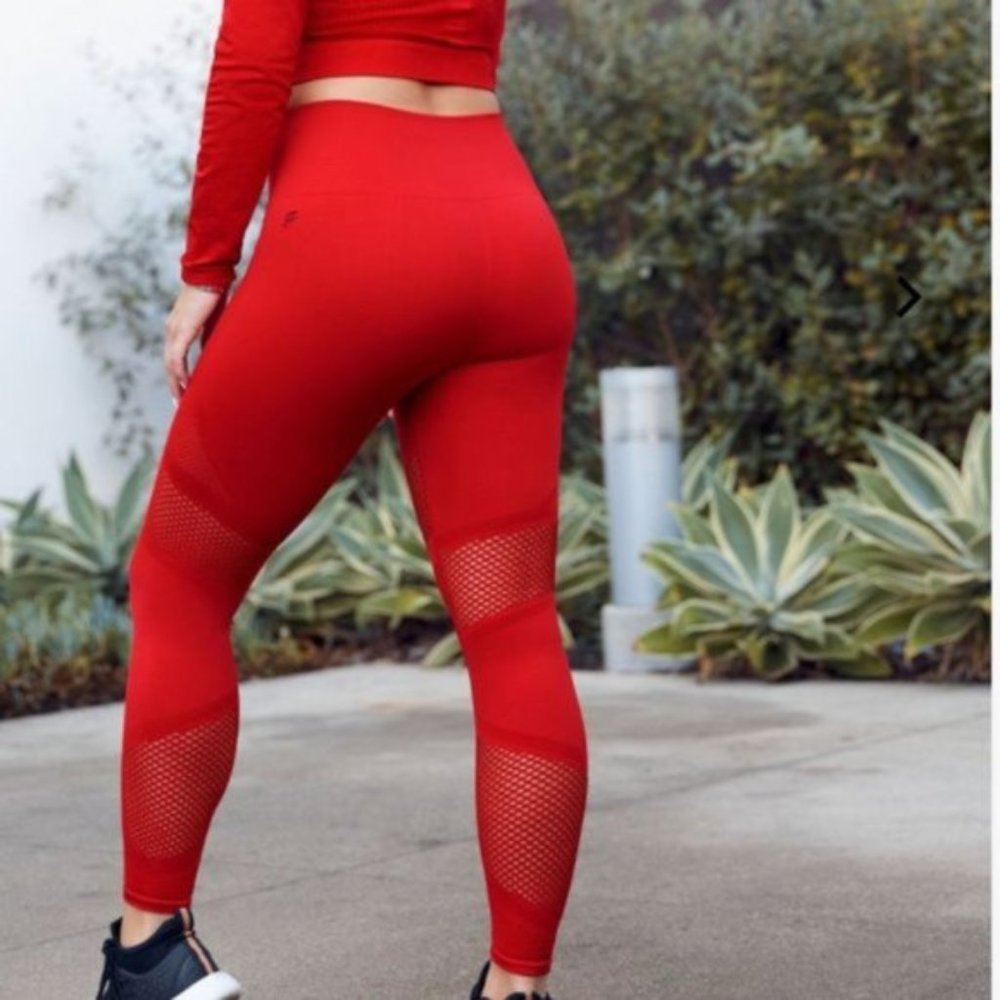 Fabletics Red Seamless High Waist Mesh Cut Out Leggings Sz Large